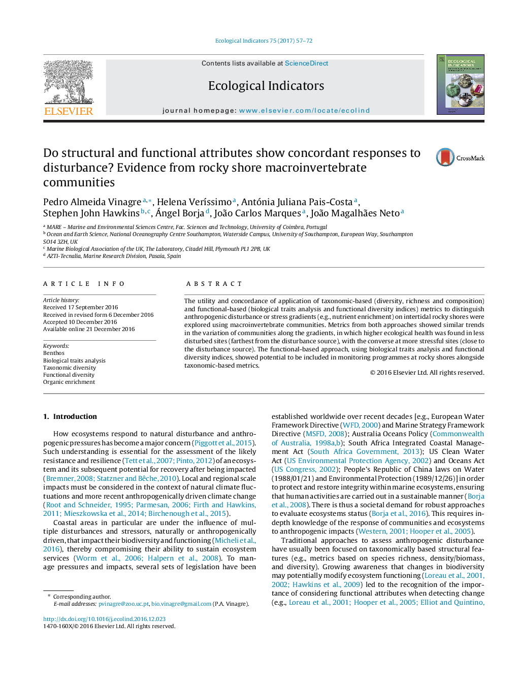 Do structural and functional attributes show concordant responses to disturbance? Evidence from rocky shore macroinvertebrate communities