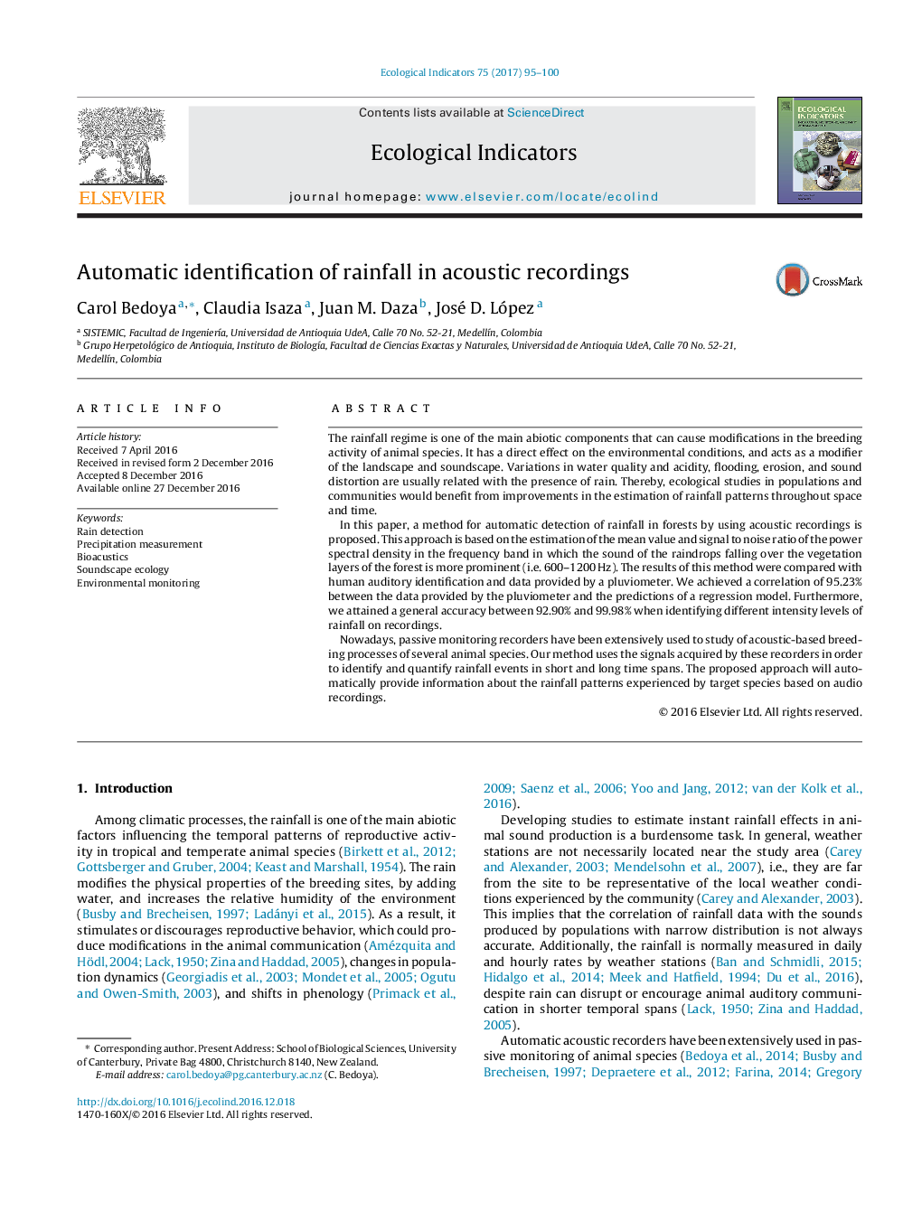 Automatic identification of rainfall in acoustic recordings