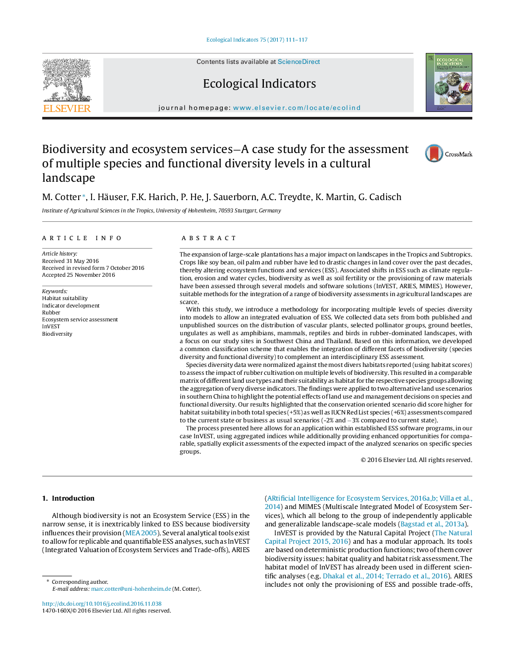 Biodiversity and ecosystem servicesâA case study for the assessment of multiple species and functional diversity levels in a cultural landscape