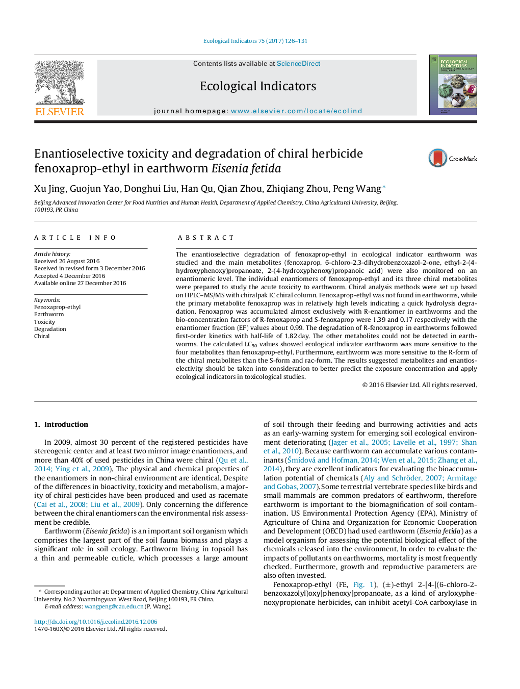 Enantioselective toxicity and degradation of chiral herbicide fenoxaprop-ethyl in earthworm Eisenia fetida