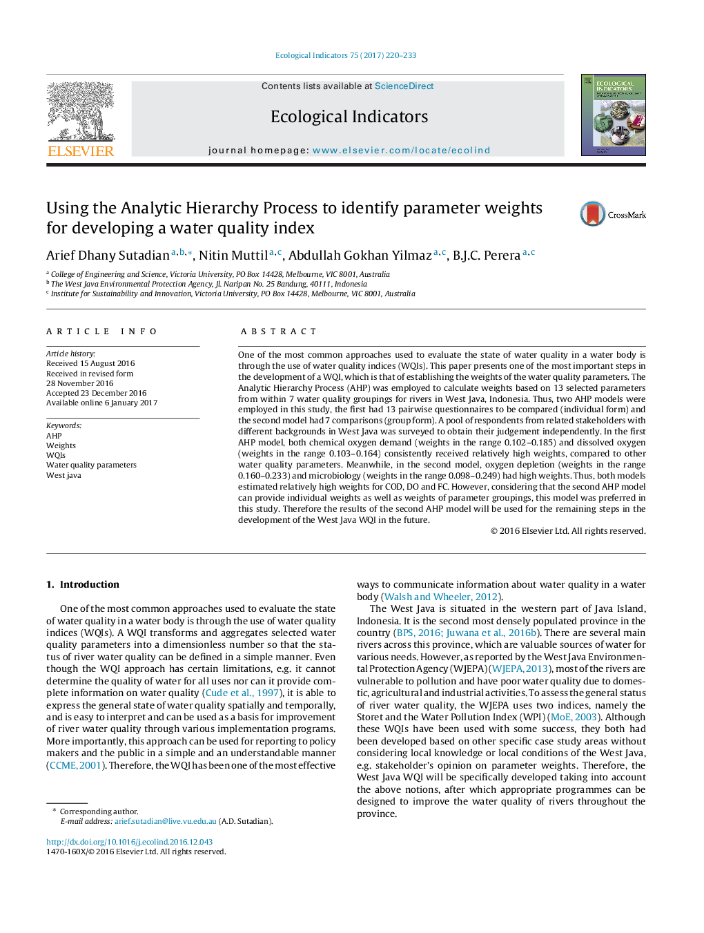 Using the Analytic Hierarchy Process to identify parameter weights for developing a water quality index