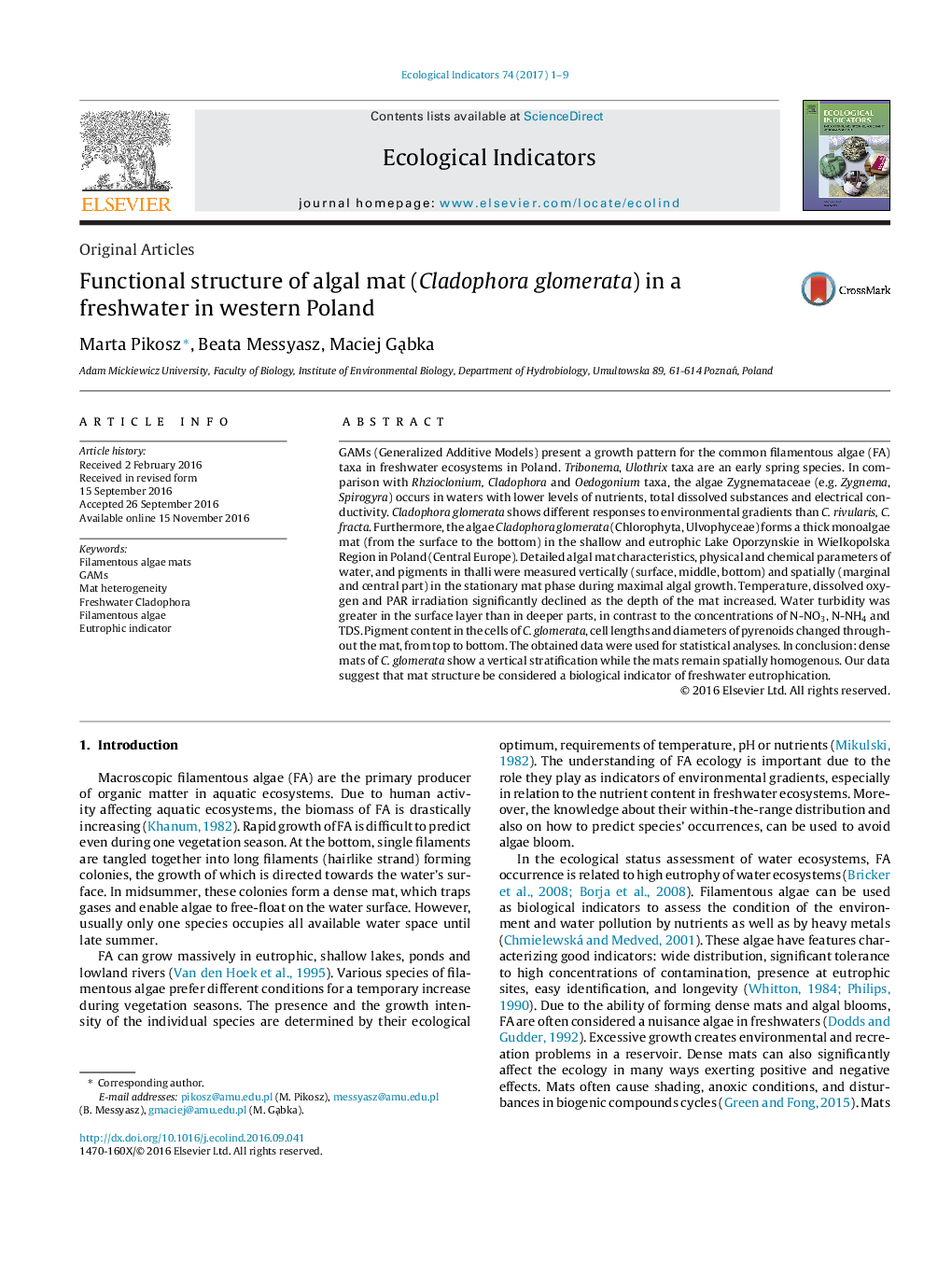 Original ArticlesFunctional structure of algal mat (Cladophora glomerata) in a freshwater in western Poland