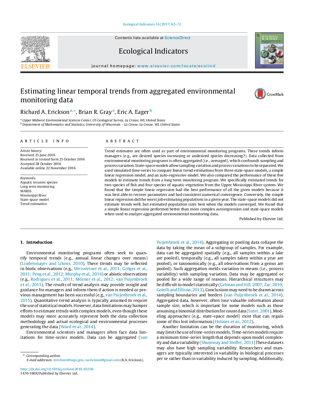 Estimating linear temporal trends from aggregated environmental monitoring data