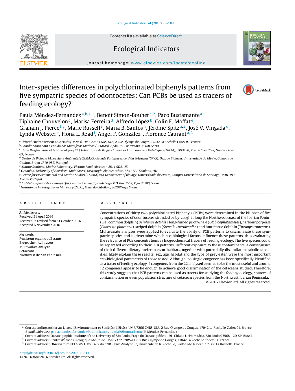 Inter-species differences in polychlorinated biphenyls patterns from five sympatric species of odontocetes: Can PCBs be used as tracers of feeding ecology?