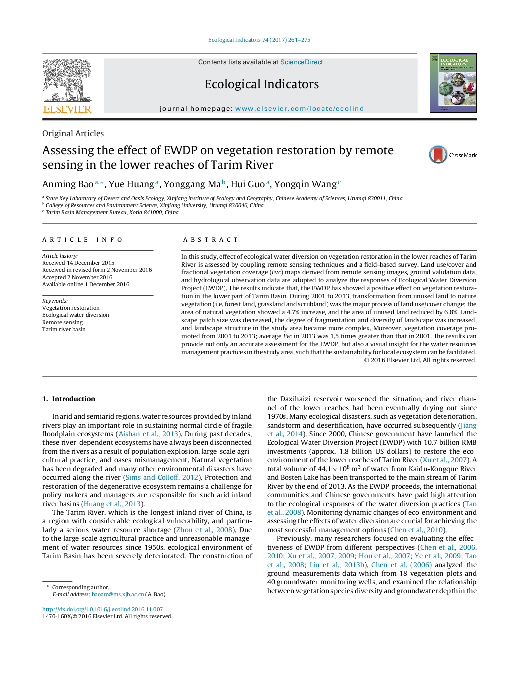 Original ArticlesAssessing the effect of EWDP on vegetation restoration by remote sensing in the lower reaches of Tarim River