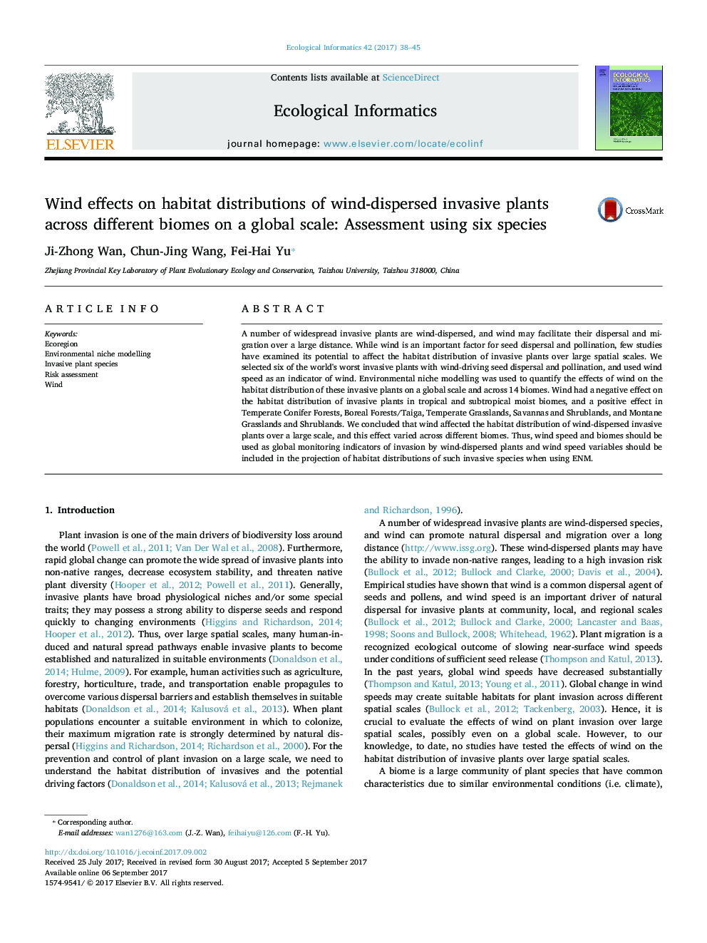 Wind effects on habitat distributions of wind-dispersed invasive plants across different biomes on a global scale: Assessment using six species