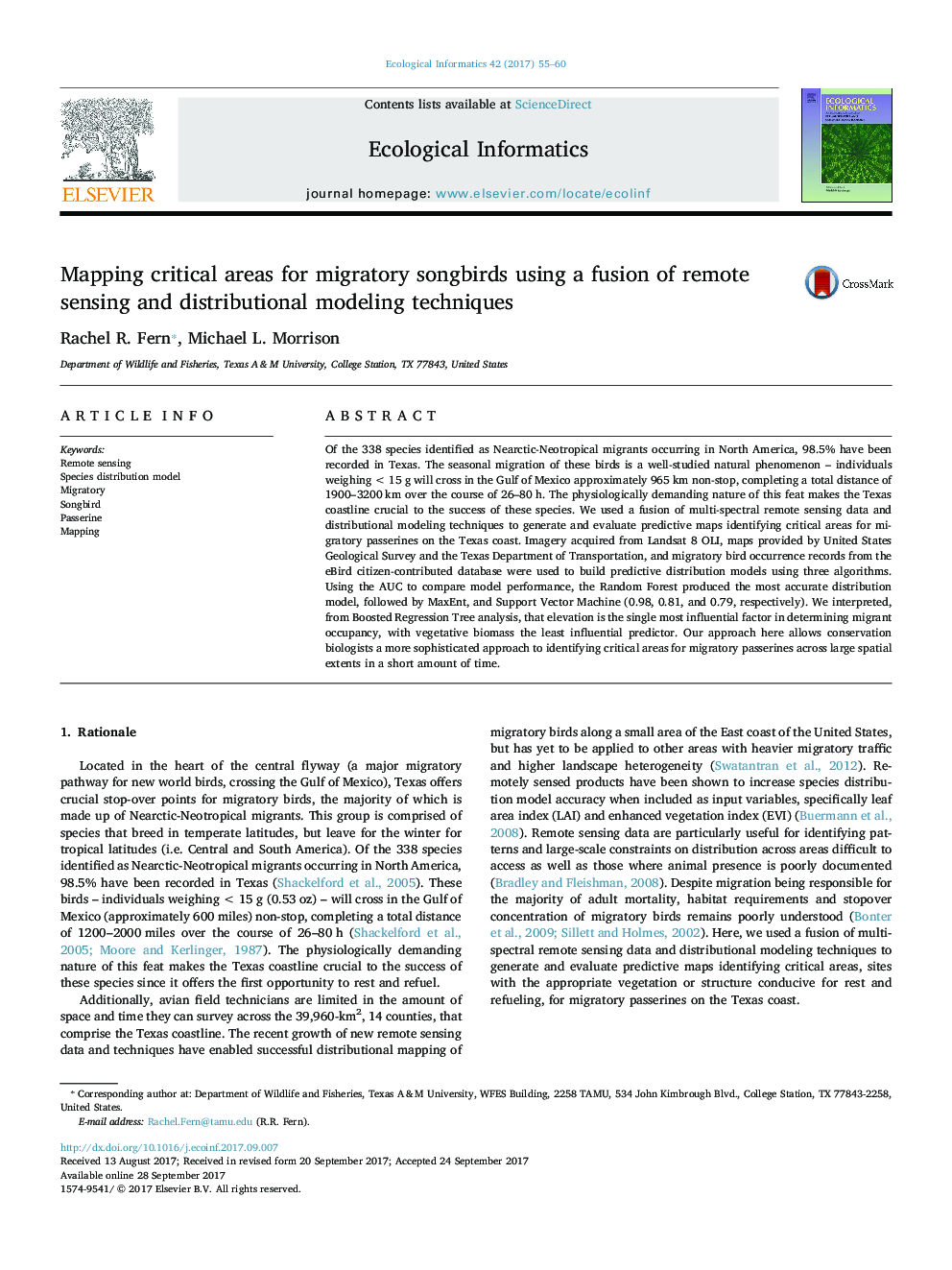 Mapping critical areas for migratory songbirds using a fusion of remote sensing and distributional modeling techniques