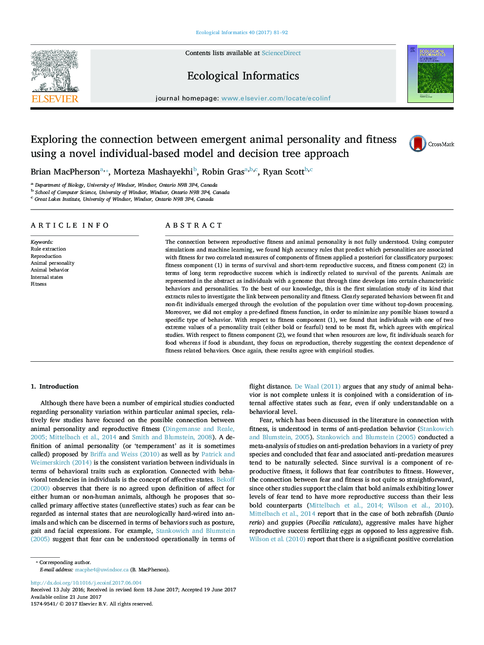 Exploring the connection between emergent animal personality and fitness using a novel individual-based model and decision tree approach