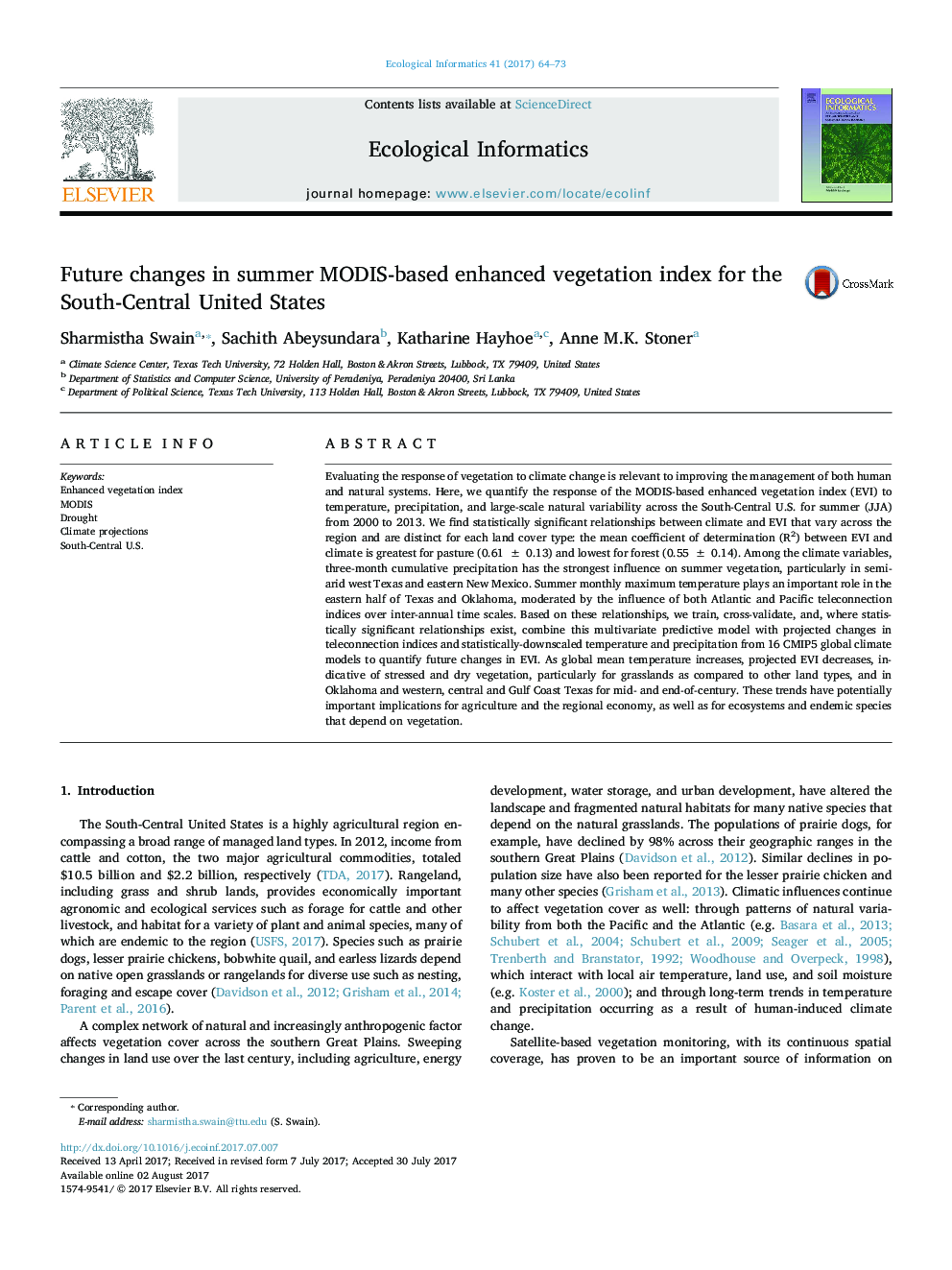 Future changes in summer MODIS-based enhanced vegetation index for the South-Central United States