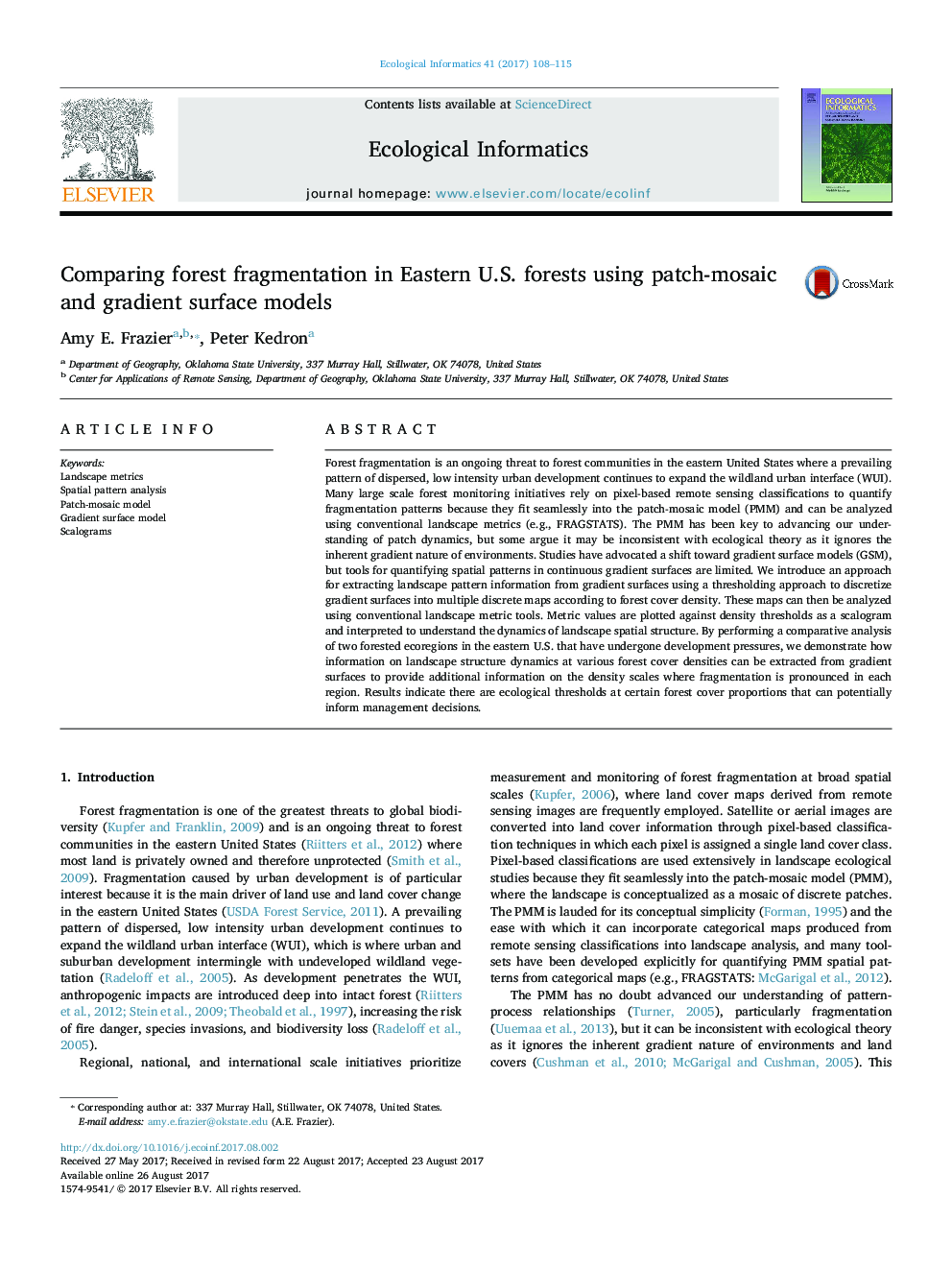 Comparing forest fragmentation in Eastern U.S. forests using patch-mosaic and gradient surface models