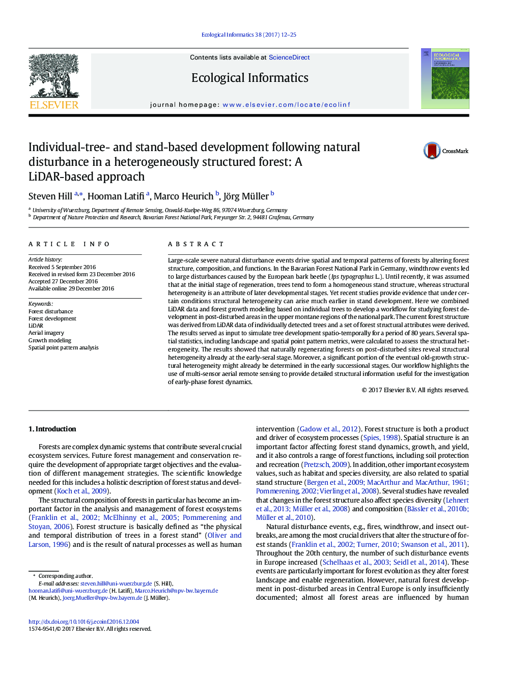 Individual-tree- and stand-based development following natural disturbance in a heterogeneously structured forest: A LiDAR-based approach