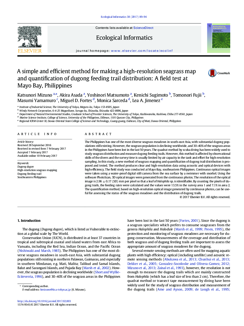 A simple and efficient method for making a high-resolution seagrass map and quantification of dugong feeding trail distribution: A field test at Mayo Bay, Philippines