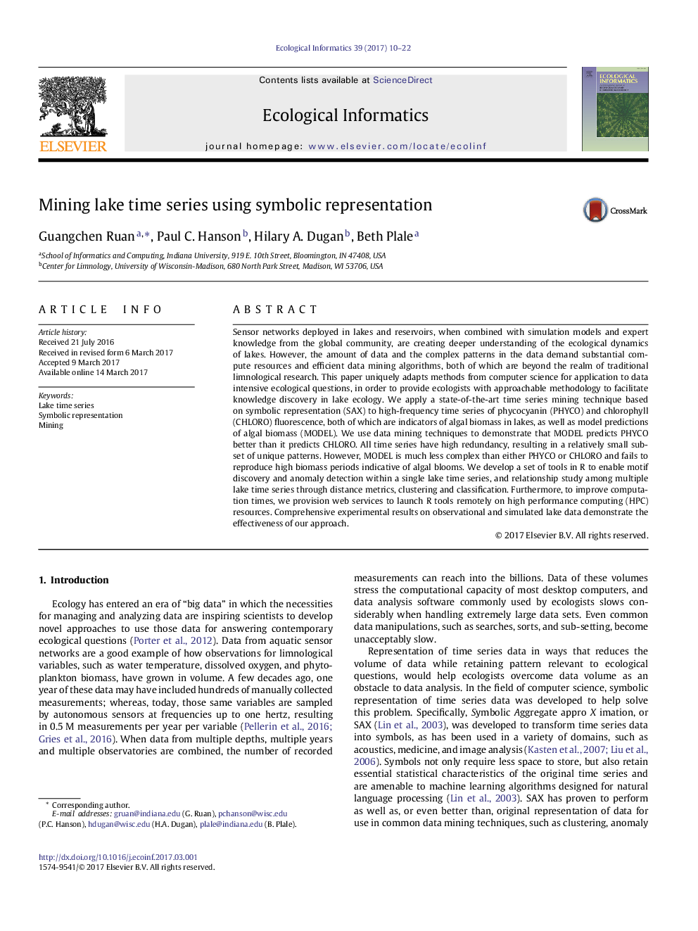 Mining lake time series using symbolic representation