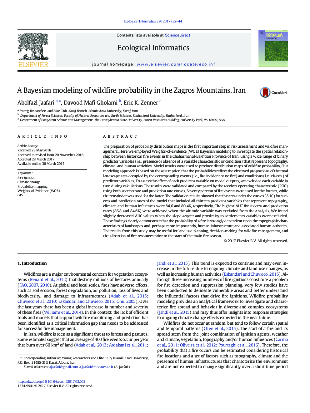 A Bayesian modeling of wildfire probability in the Zagros Mountains, Iran