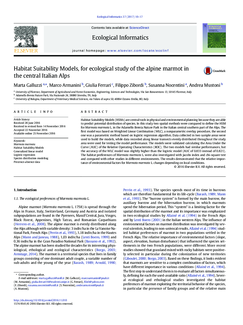 Habitat Suitability Models, for ecological study of the alpine marmot in the central Italian Alps