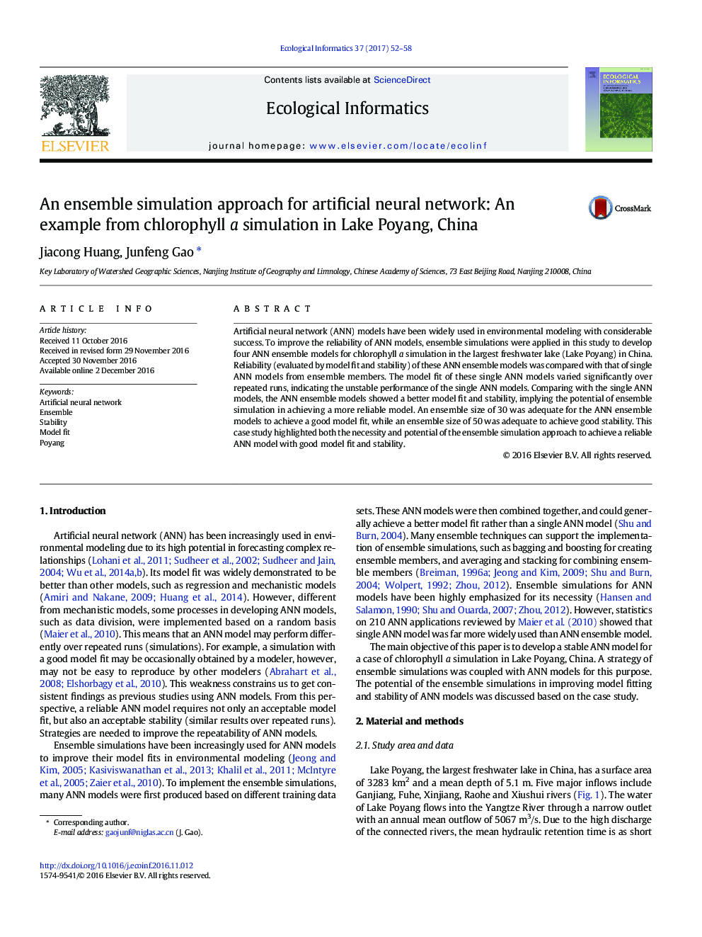 An ensemble simulation approach for artificial neural network: An example from chlorophyll a simulation in Lake Poyang, China