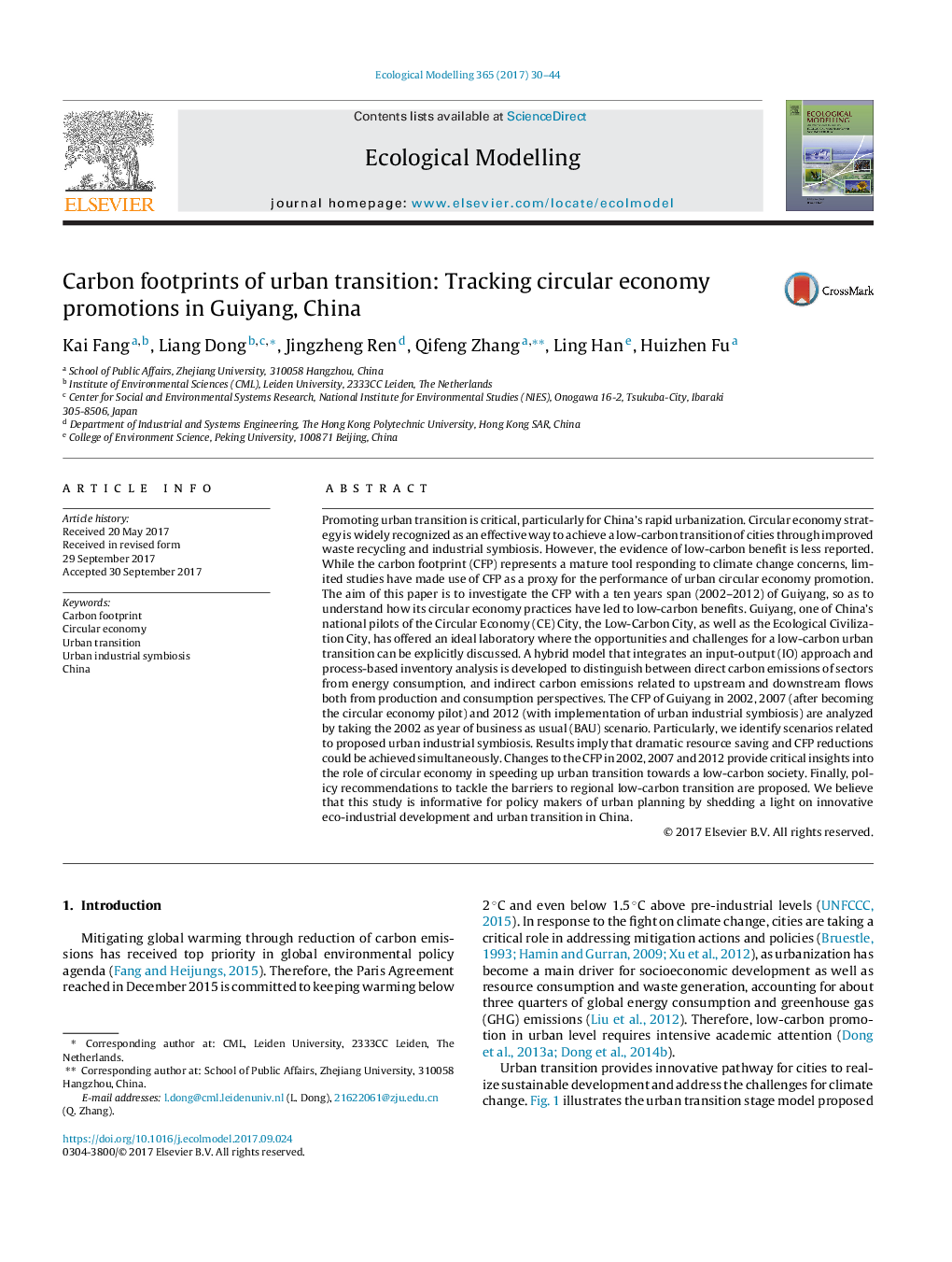 Carbon footprints of urban transition: Tracking circular economy promotions in Guiyang, China