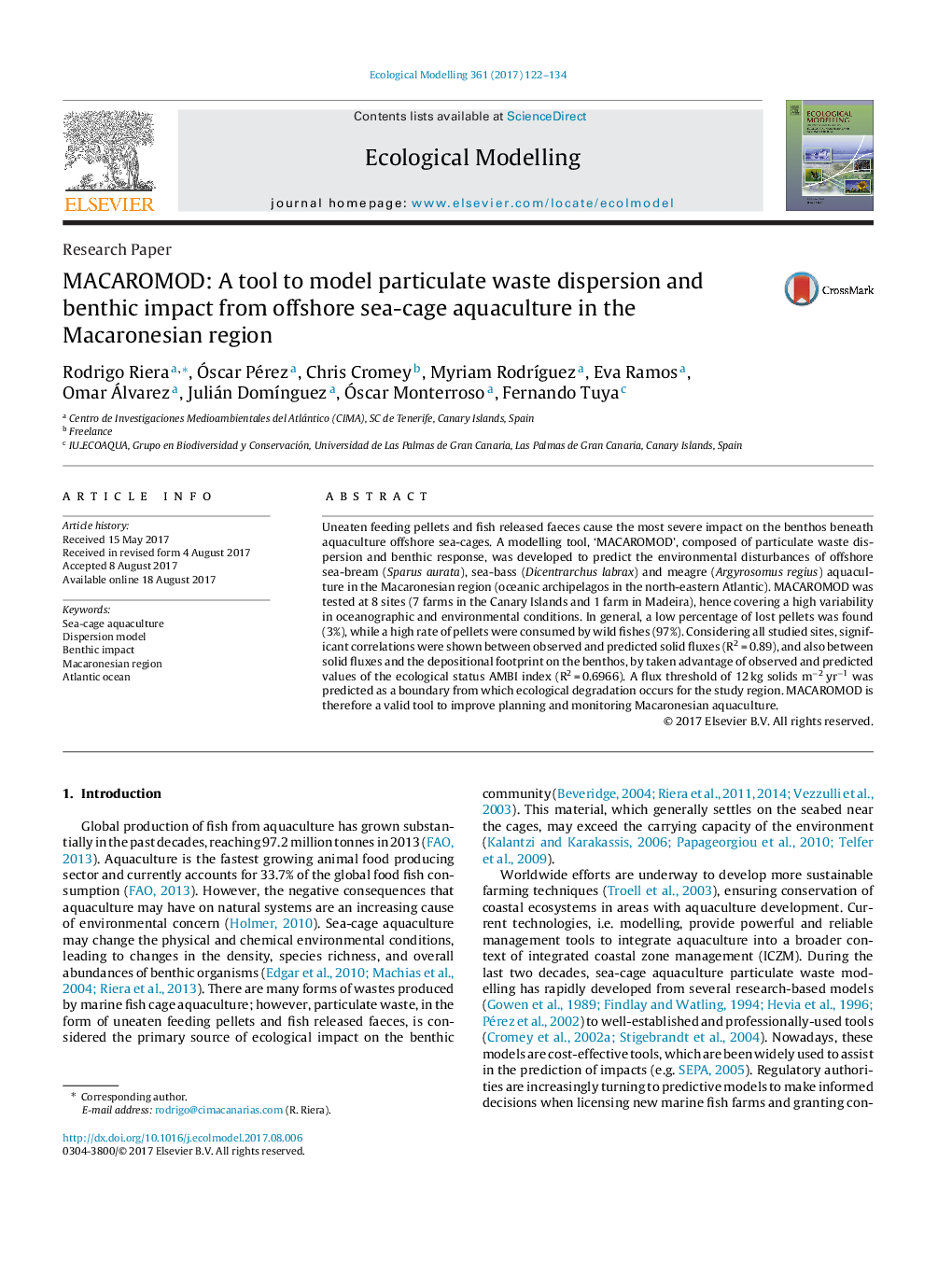 Research PaperMACAROMOD: A tool to model particulate waste dispersion and benthic impact from offshore sea-cage aquaculture in the Macaronesian region