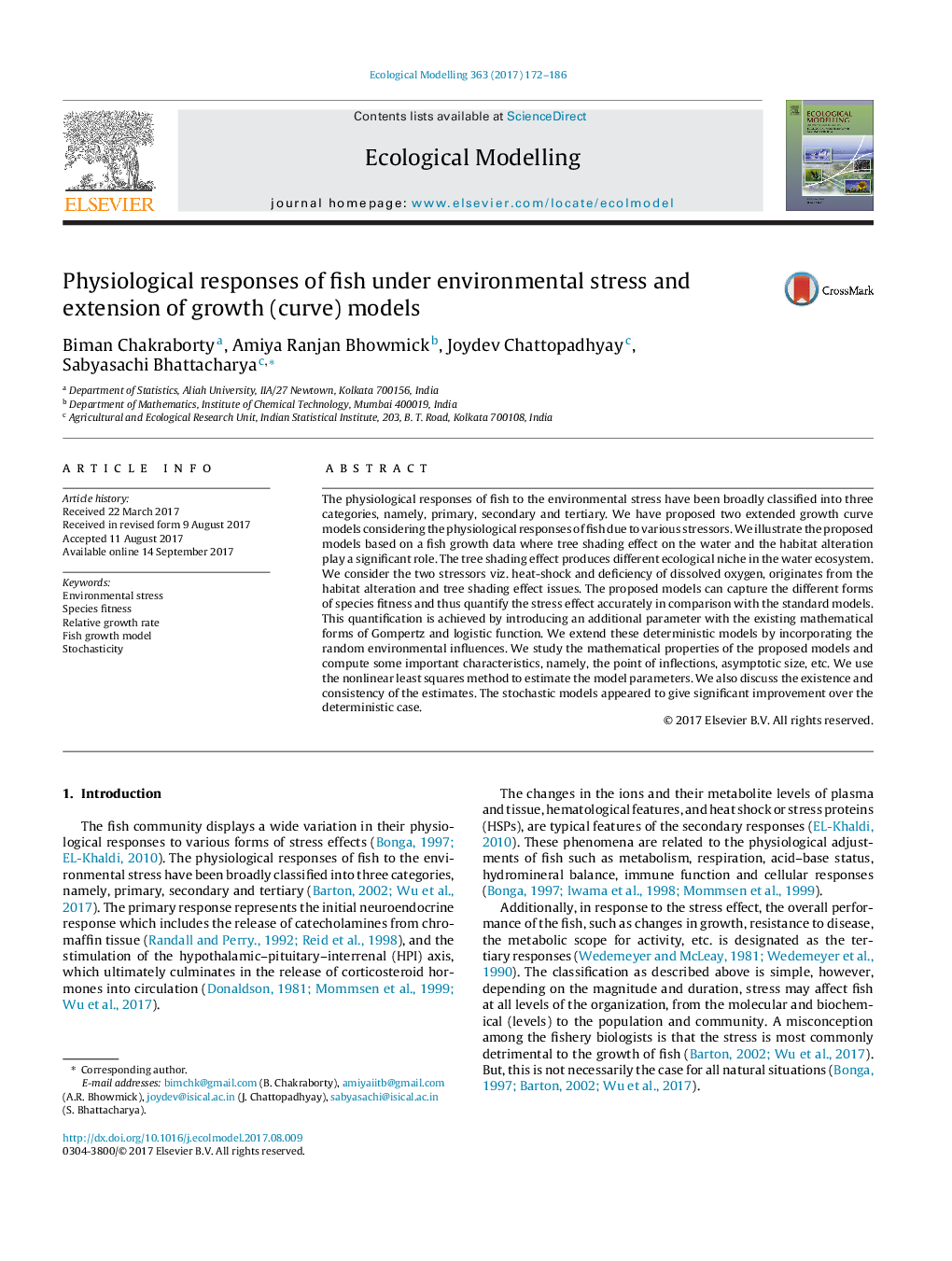 Physiological responses of fish under environmental stress and extension of growth (curve) models