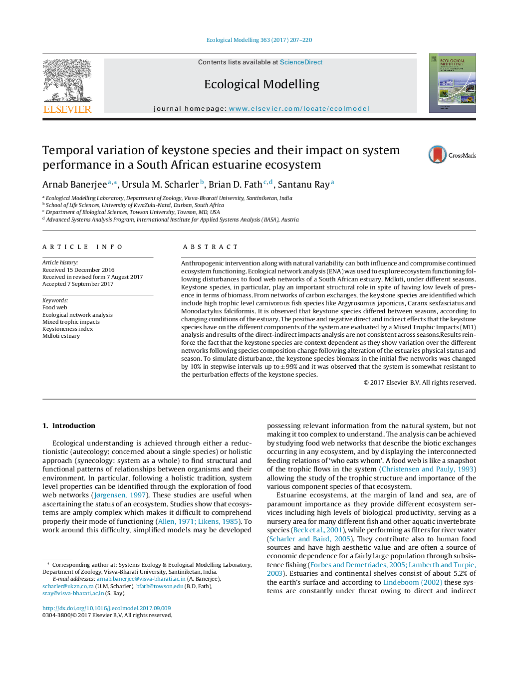 Temporal variation of keystone species and their impact on system performance in a South African estuarine ecosystem