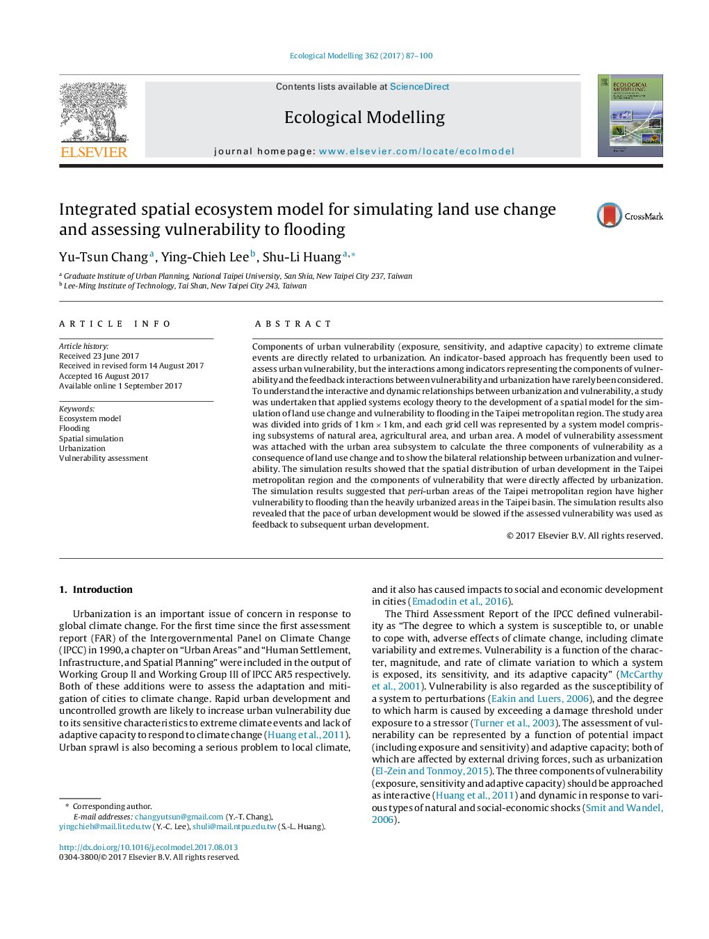 Integrated spatial ecosystem model for simulating land use change and assessing vulnerability to flooding