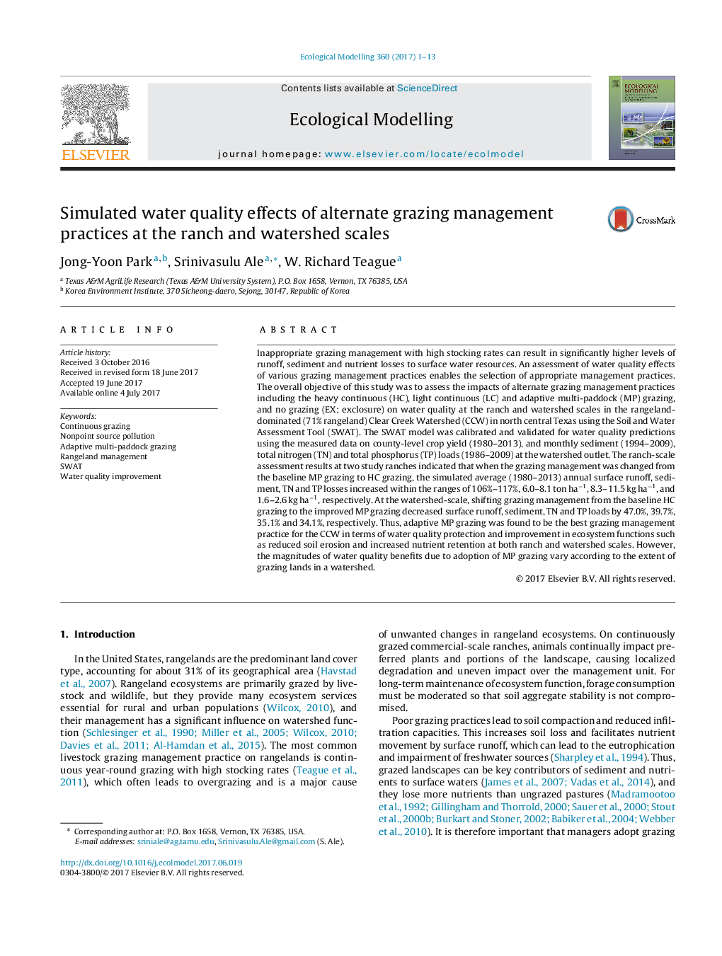 Simulated water quality effects of alternate grazing management practices at the ranch and watershed scales