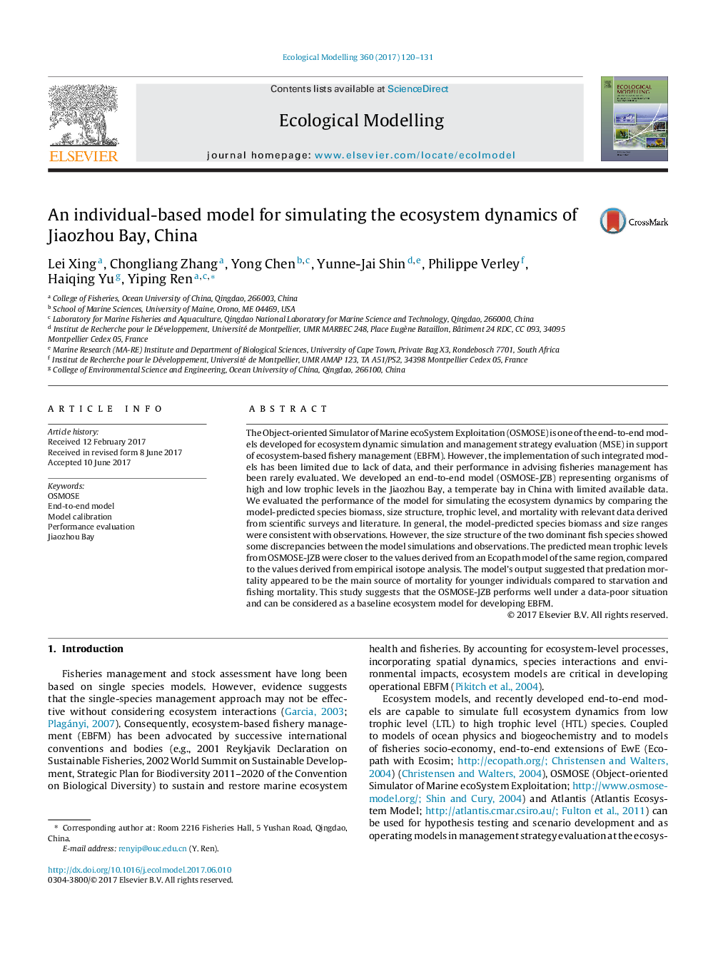 An individual-based model for simulating the ecosystem dynamics of Jiaozhou Bay, China