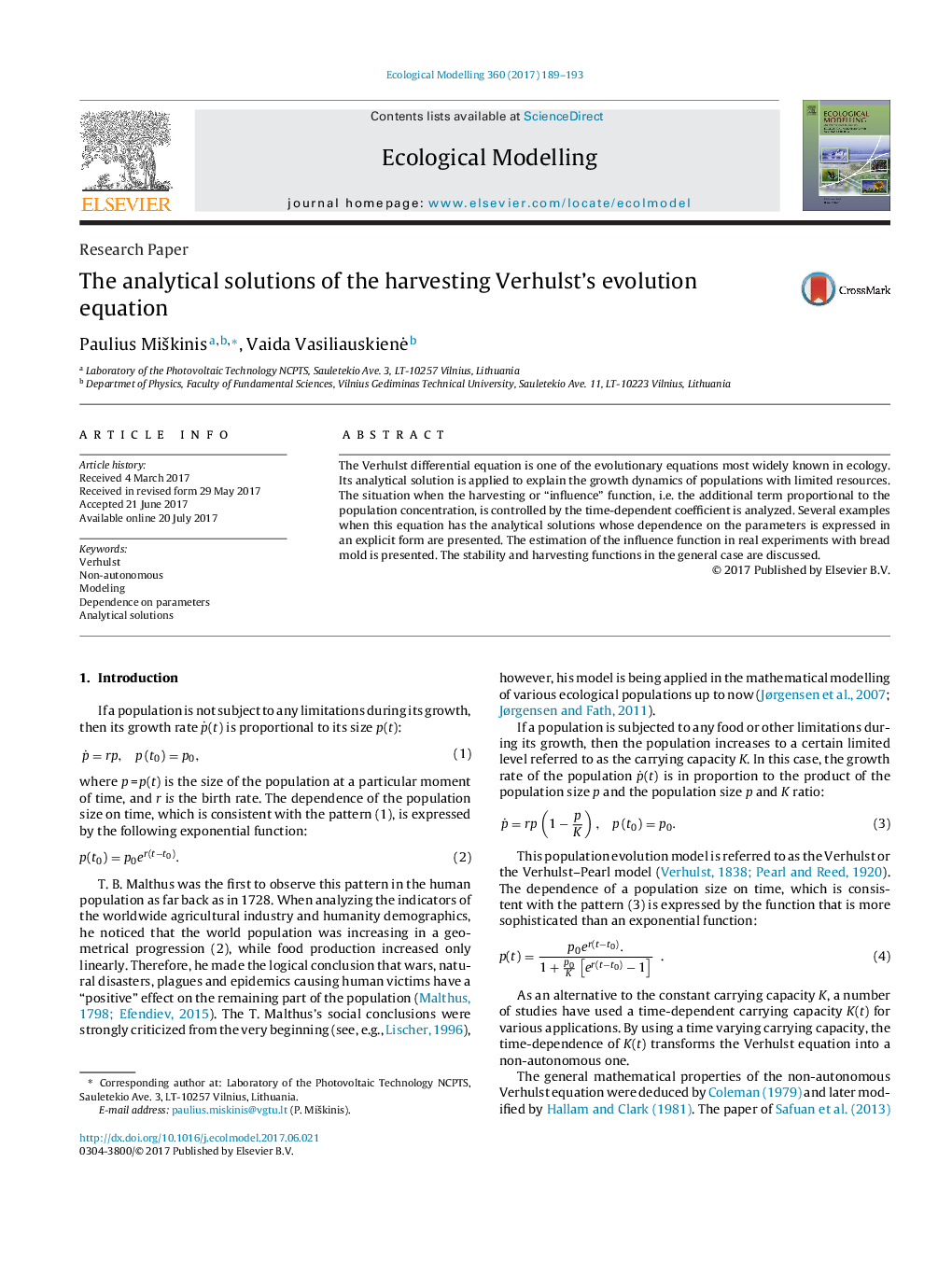 Research PaperThe analytical solutions of the harvesting Verhulst's evolution equation