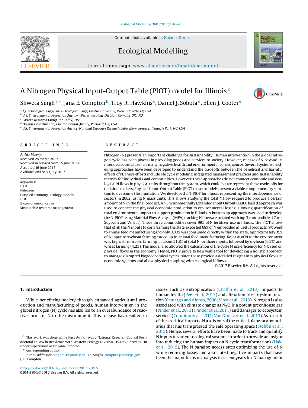 A Nitrogen Physical Input-Output Table (PIOT) model for Illinois