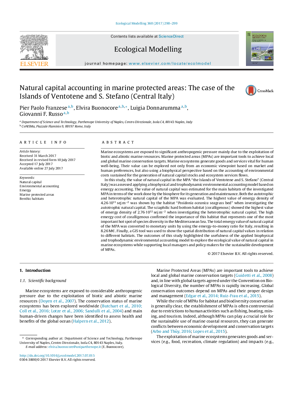 Natural capital accounting in marine protected areas: The case of the Islands of Ventotene and S. Stefano (Central Italy)