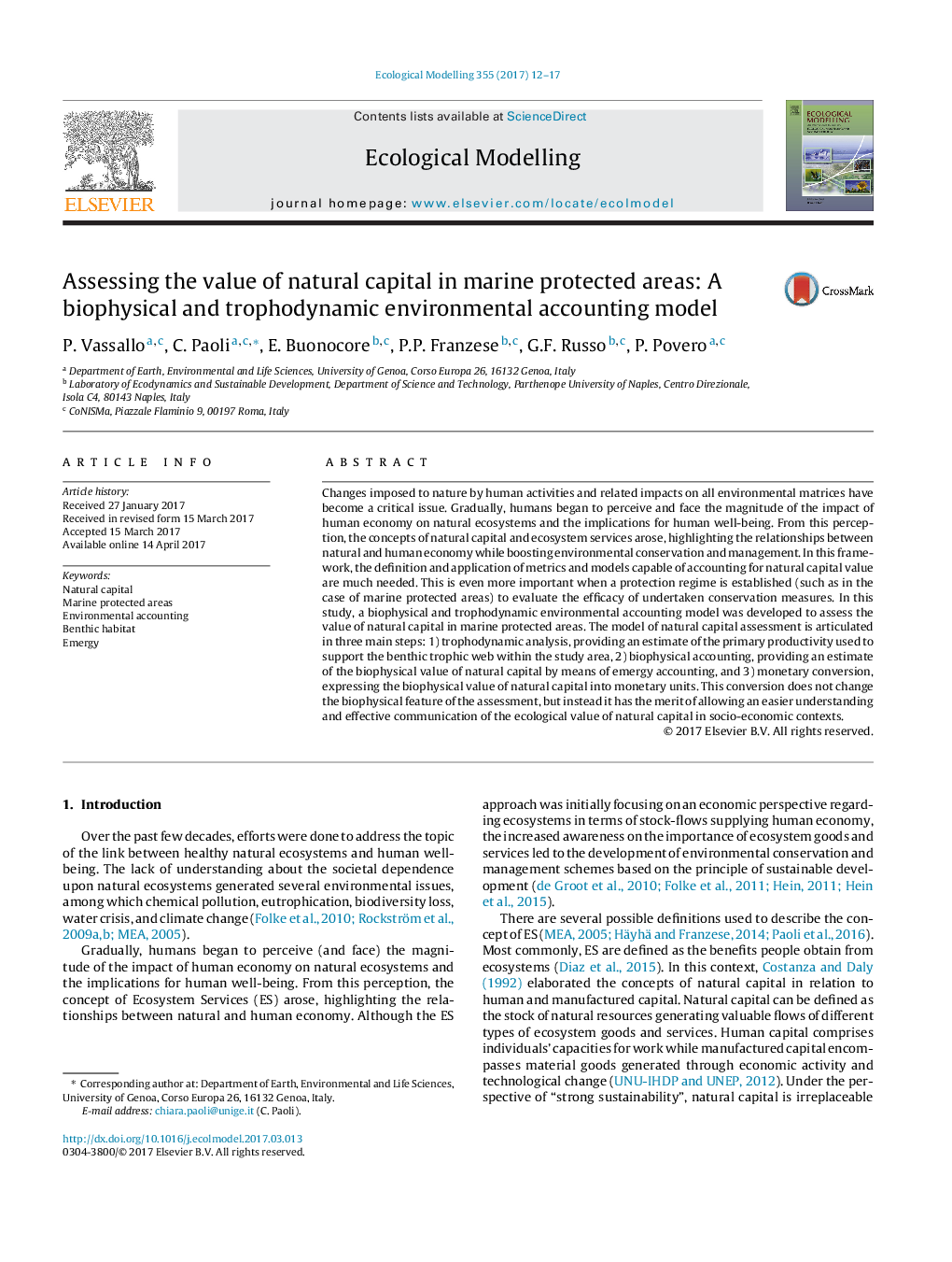 Assessing the value of natural capital in marine protected areas: A biophysical and trophodynamic environmental accounting model