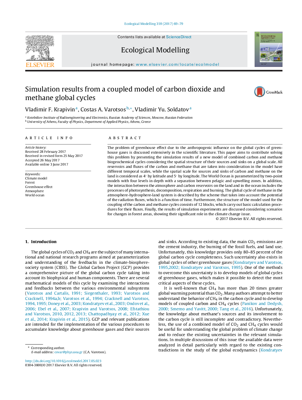 Simulation results from a coupled model of carbon dioxide and methane global cycles