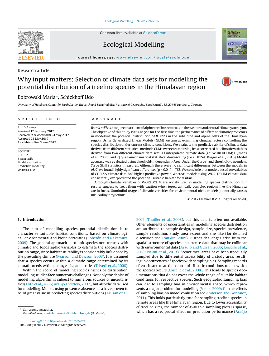 Research articleWhy input matters: Selection of climate data sets for modelling the potential distribution of a treeline species in the Himalayan region