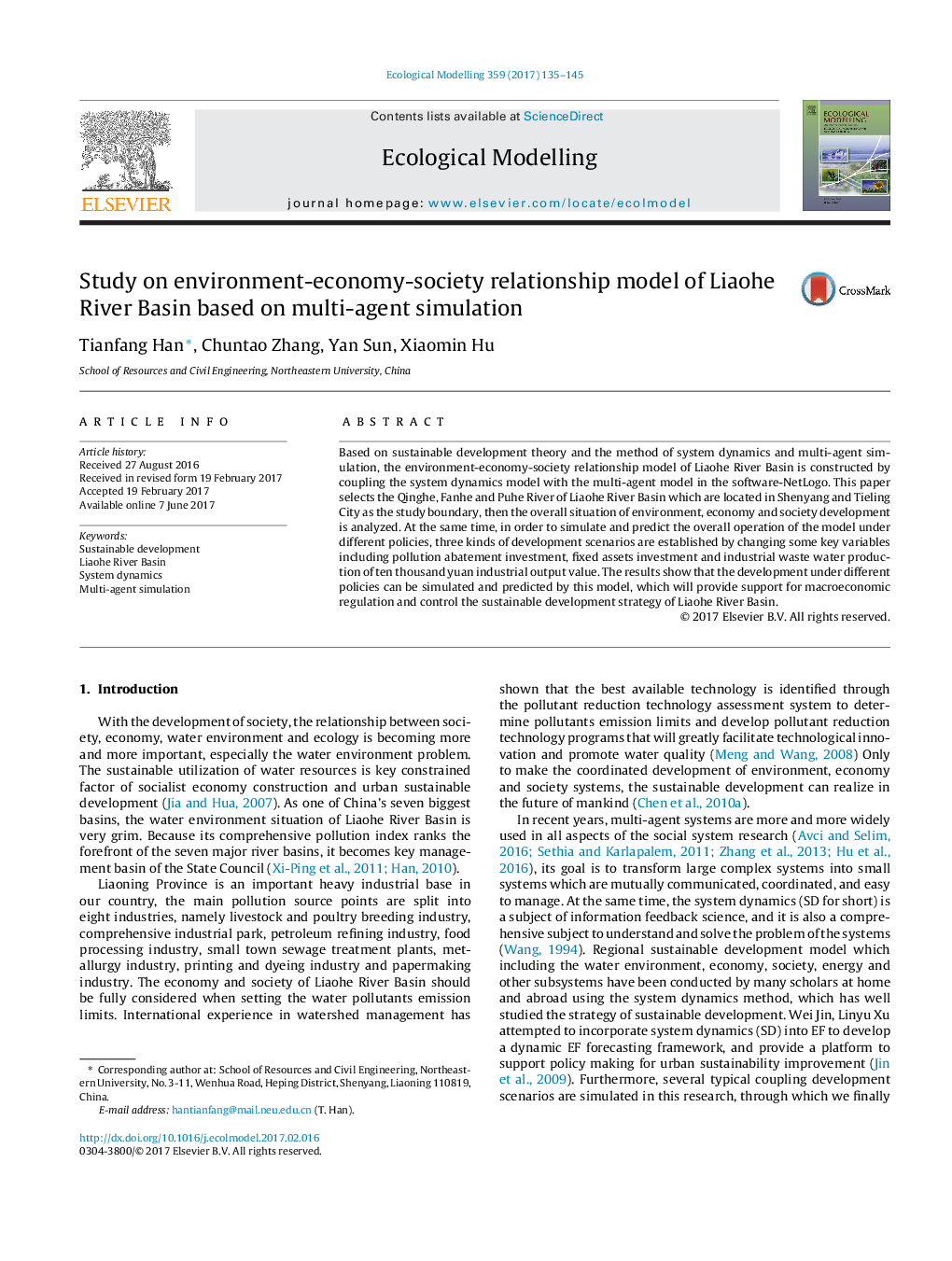 Study on environment-economy-society relationship model of Liaohe River Basin based on multi-agent simulation