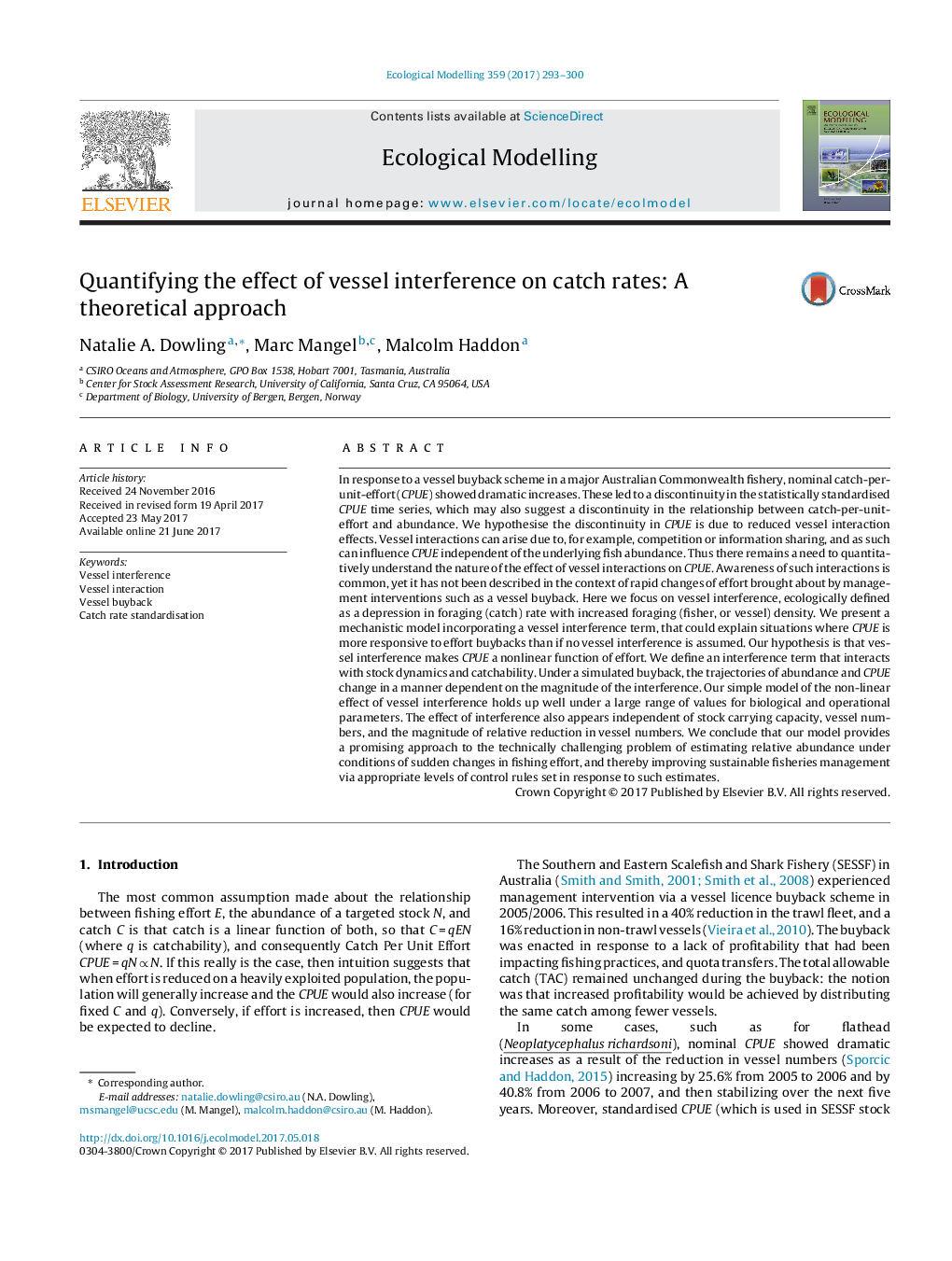 Quantifying the effect of vessel interference on catch rates: A theoretical approach