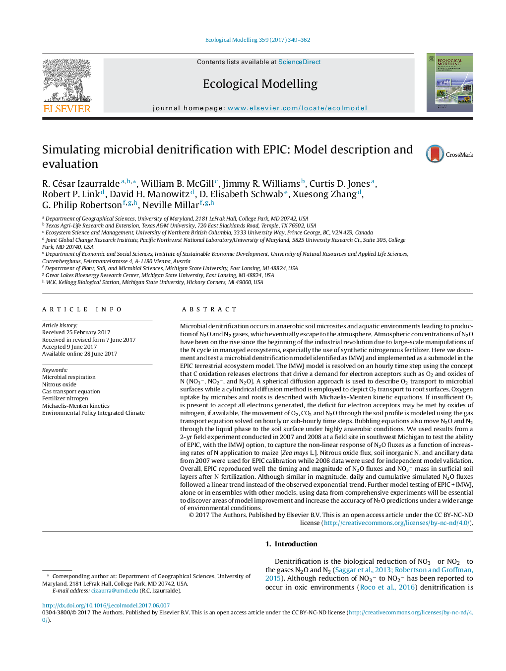 Simulating microbial denitrification with EPIC: Model description and evaluation