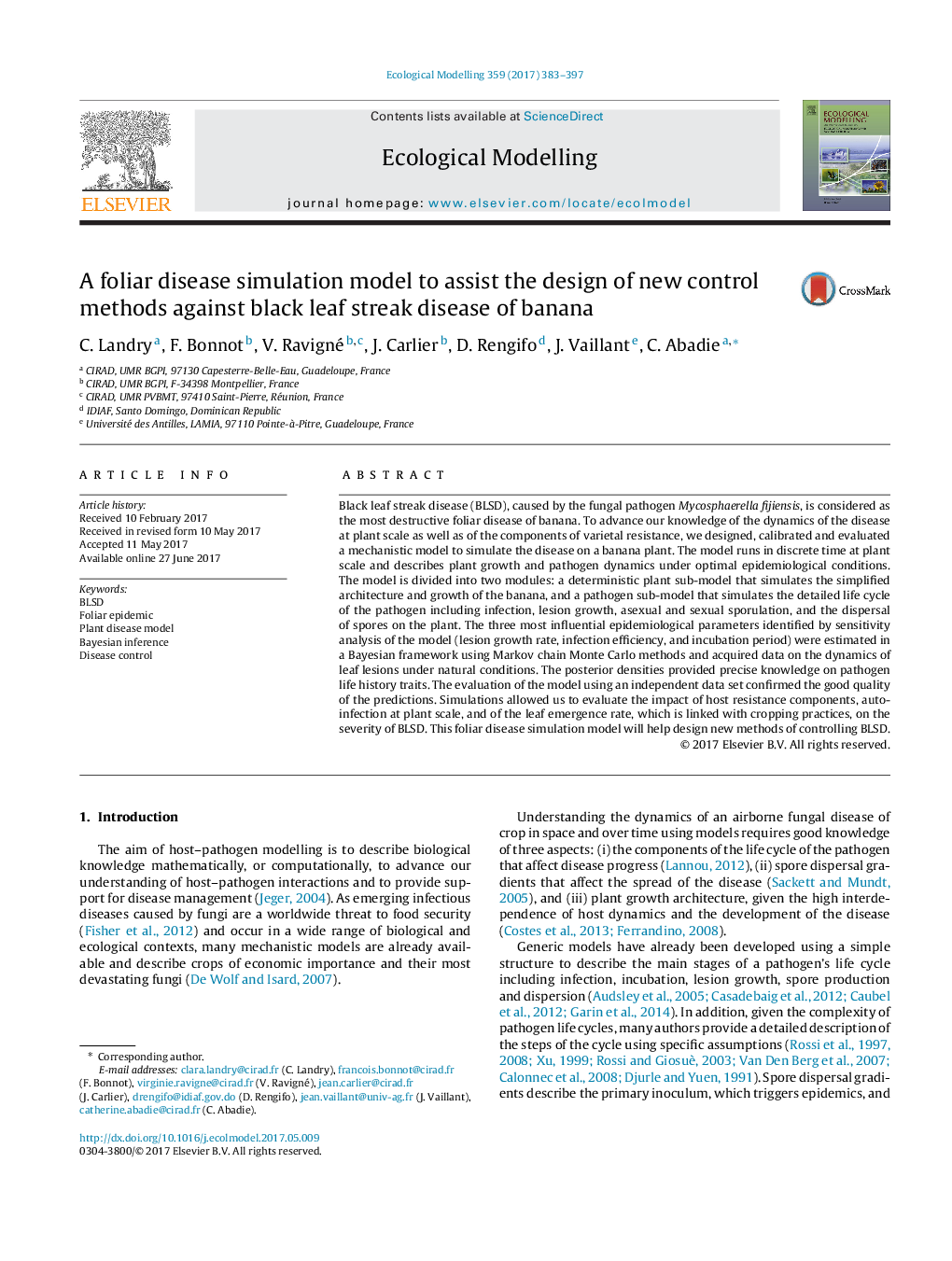 A foliar disease simulation model to assist the design of new control methods against black leaf streak disease of banana