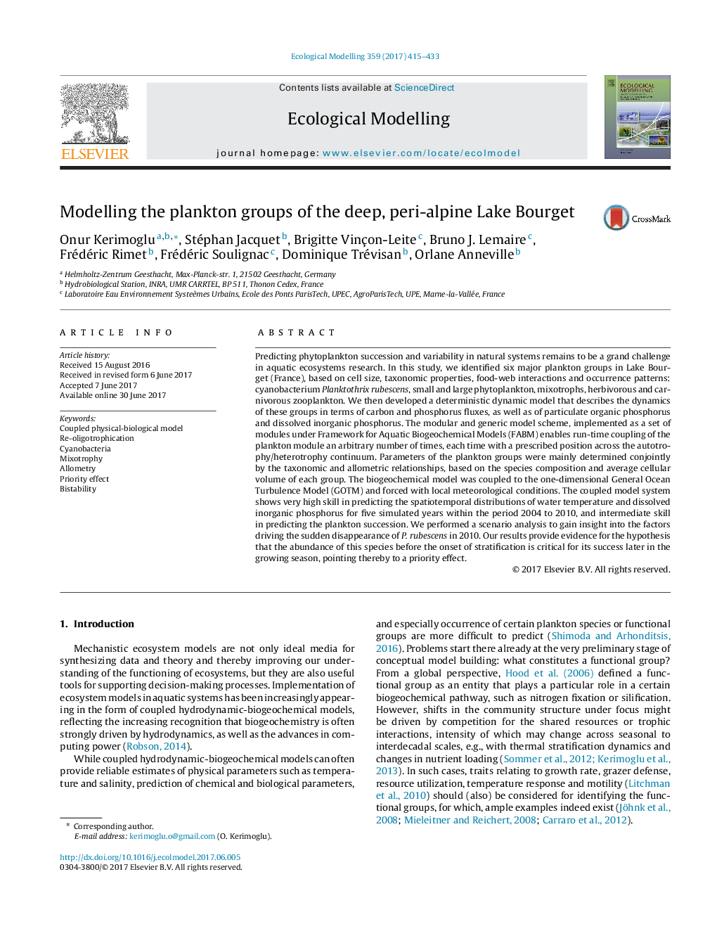 Modelling the plankton groups of the deep, peri-alpine Lake Bourget