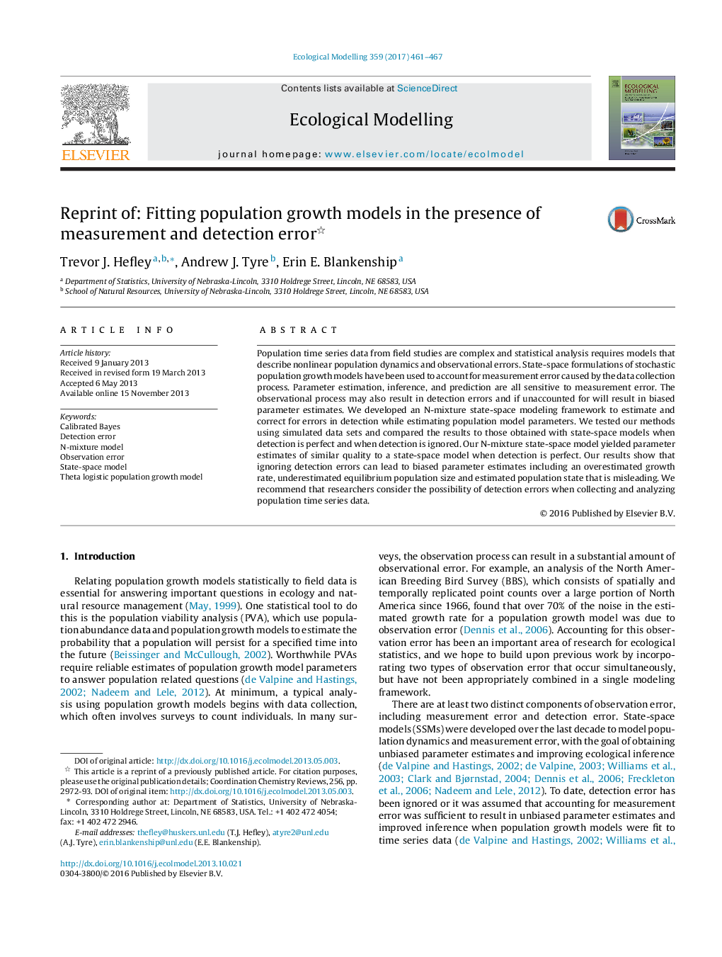 Reprint of: Fitting population growth models in the presence of measurement and detection error