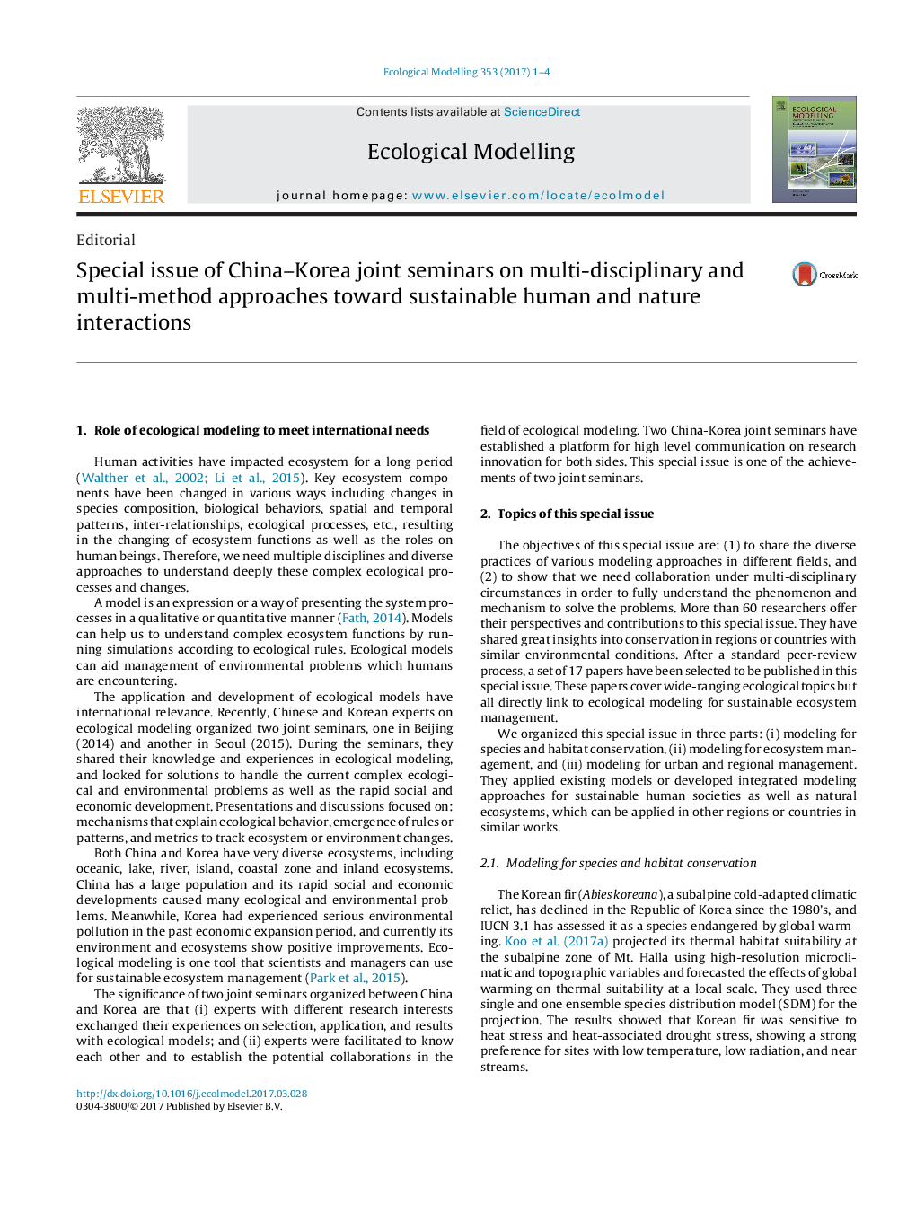 Special issue of China-Korea joint seminars on multi-disciplinary and multi-method approaches toward sustainable human and nature interactions