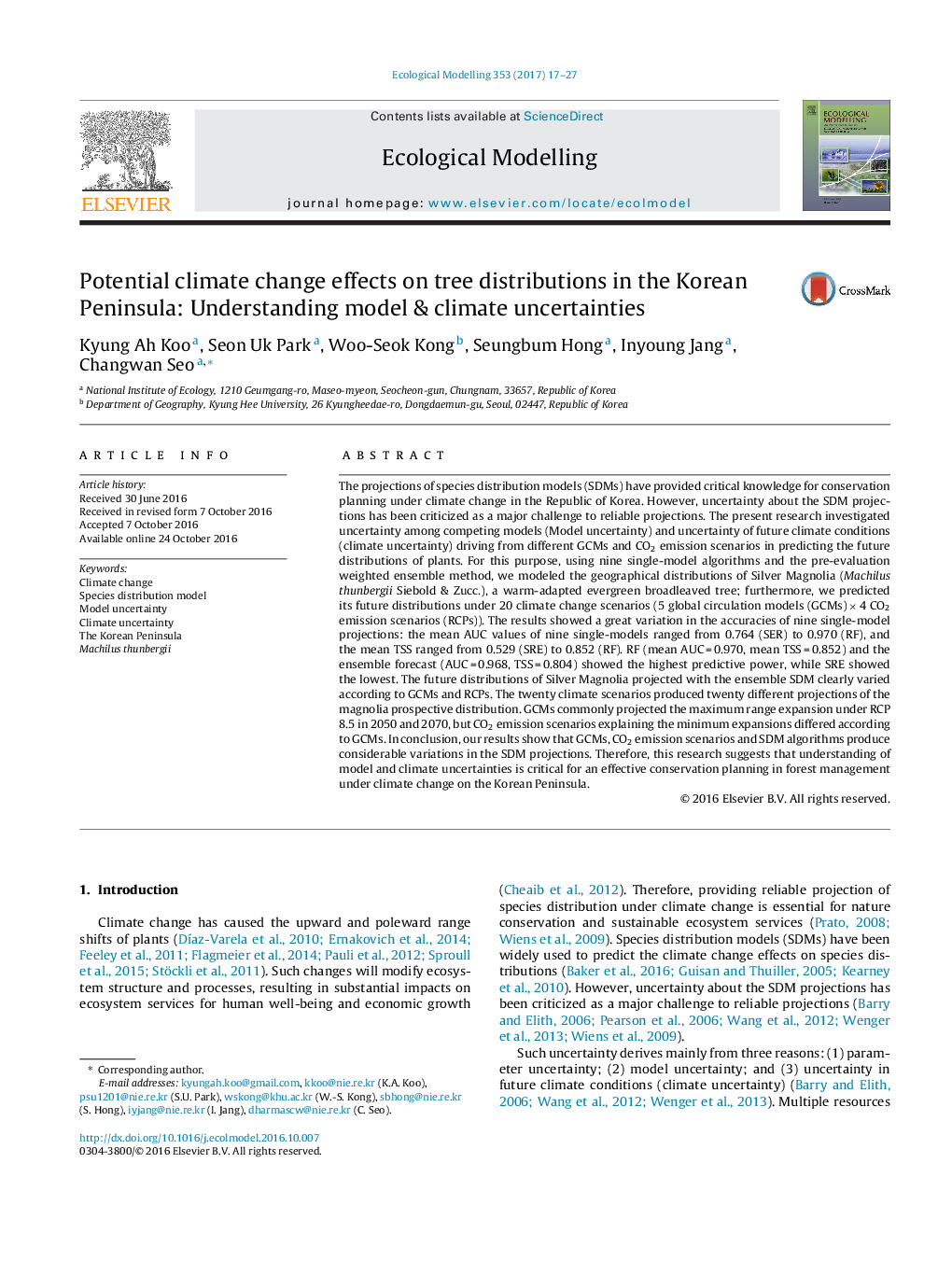 Potential climate change effects on tree distributions in the Korean Peninsula: Understanding model & climate uncertainties