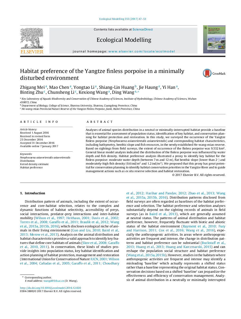 Habitat preference of the Yangtze finless porpoise in a minimally disturbed environment