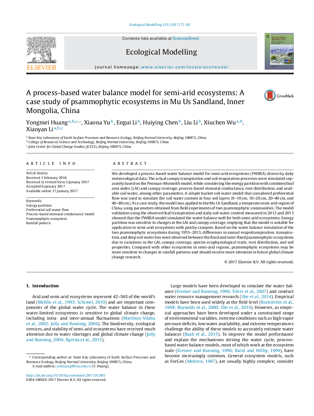 A process-based water balance model for semi-arid ecosystems: A case study of psammophytic ecosystems in Mu Us Sandland, Inner Mongolia, China