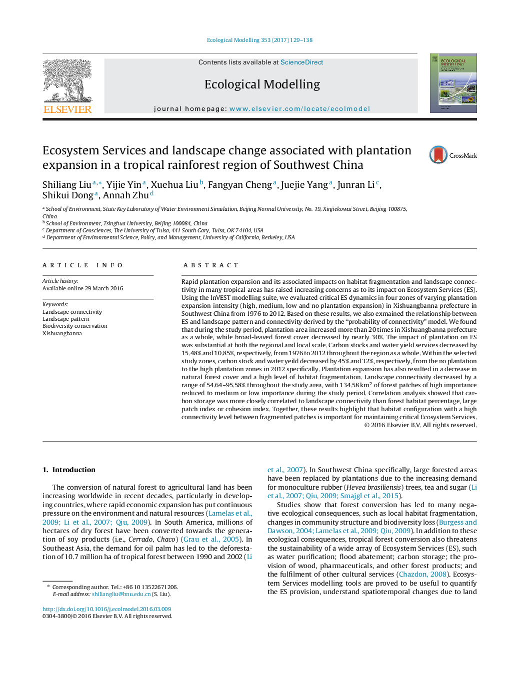 Ecosystem Services and landscape change associated with plantation expansion in a tropical rainforest region of Southwest China