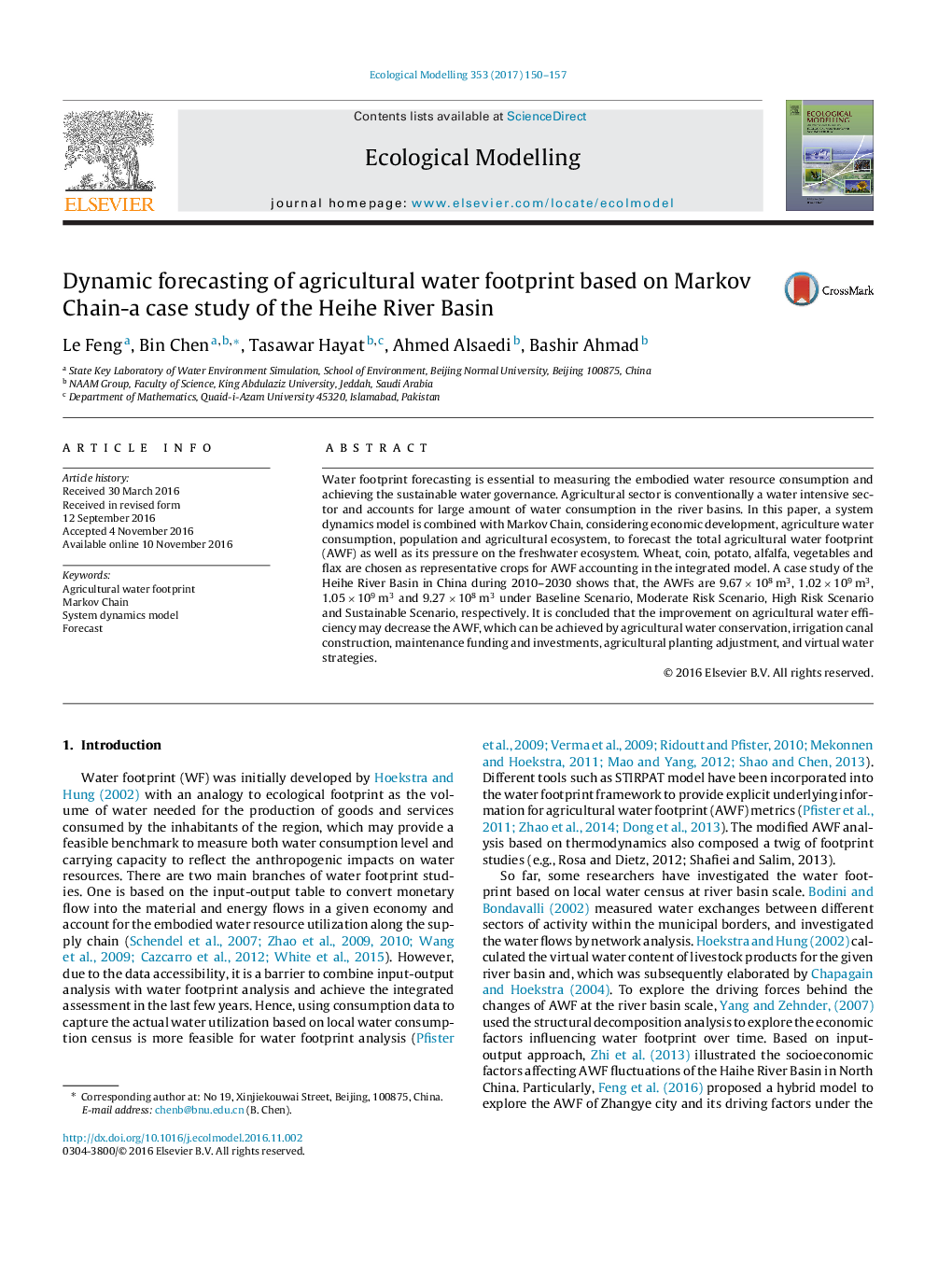 Dynamic forecasting of agricultural water footprint based on Markov Chain-a case study of the Heihe River Basin