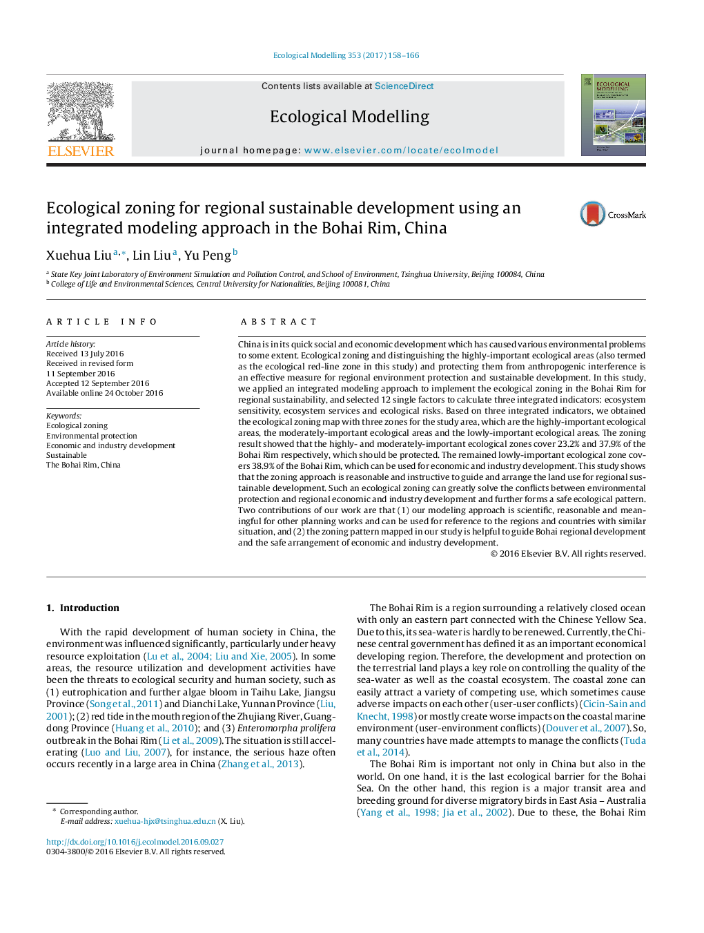 Ecological zoning for regional sustainable development using an integrated modeling approach in the Bohai Rim, China