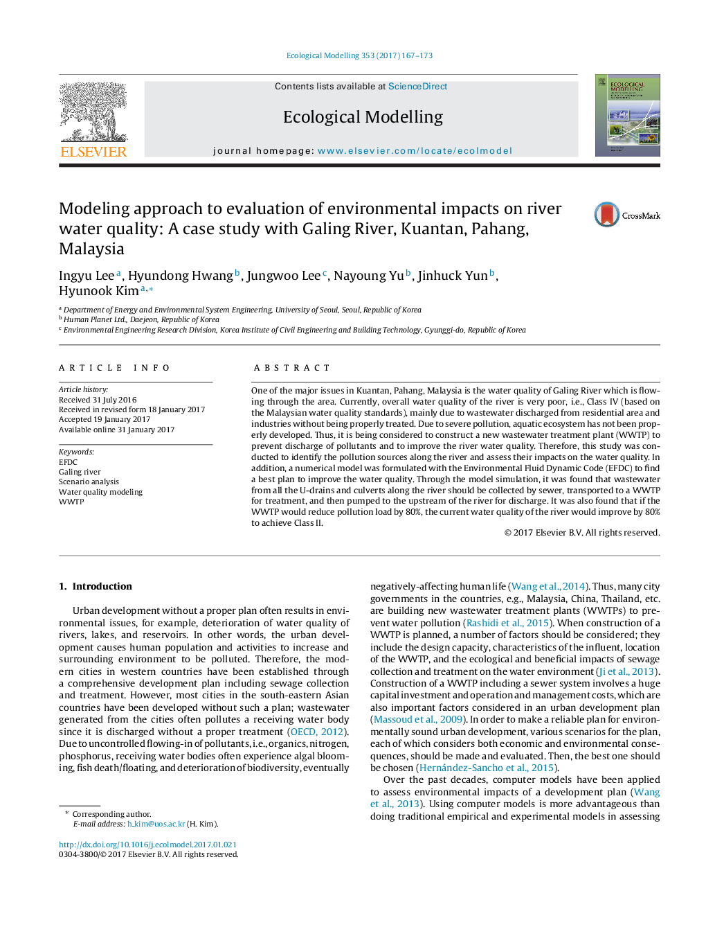 Modeling approach to evaluation of environmental impacts on river water quality: A case study with Galing River, Kuantan, Pahang, Malaysia