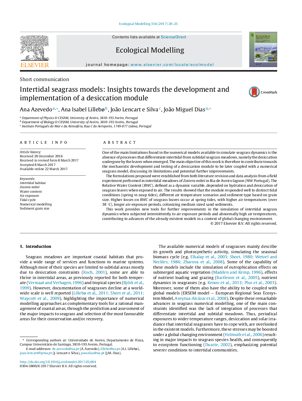 Short communicationIntertidal seagrass models: Insights towards the development and implementation of a desiccation module