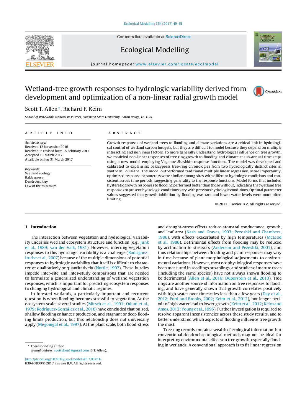 Wetland-tree growth responses to hydrologic variability derived from development and optimization of a non-linear radial growth model