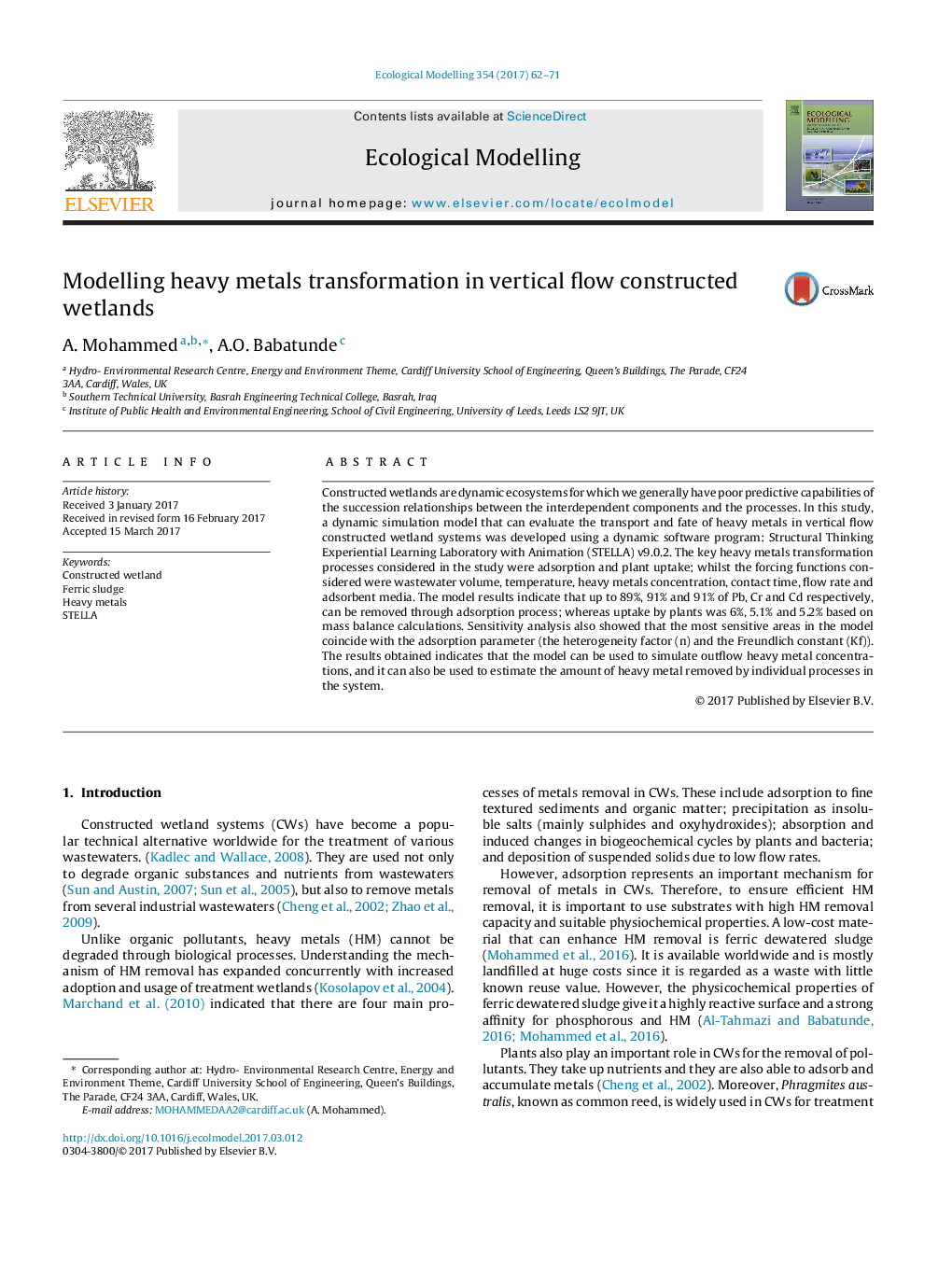 Modelling heavy metals transformation in vertical flow constructed wetlands